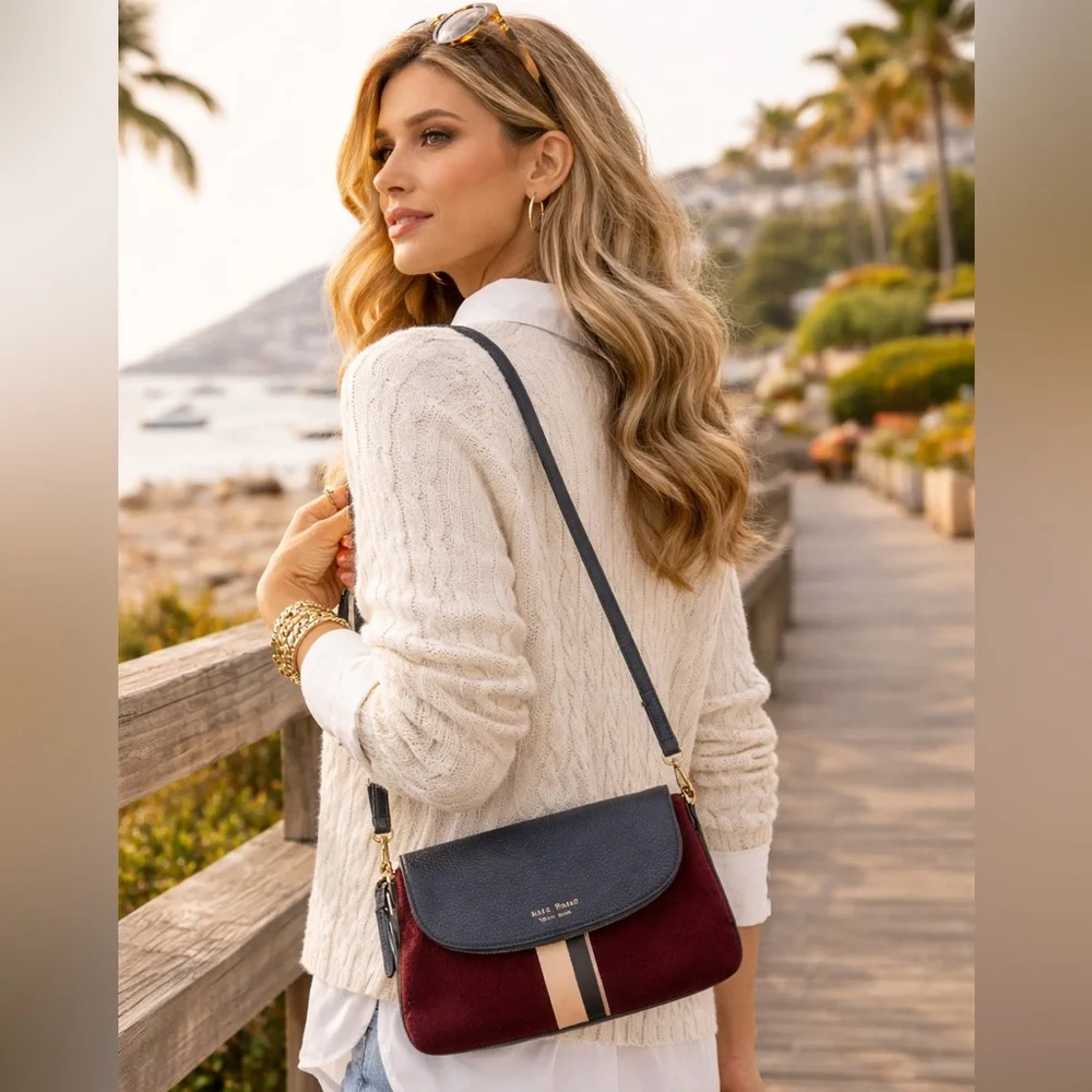 Kate Spade New York Wool & Leather Crossbody Bag Burgundy Navy Stripe Flap Purse